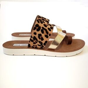 Steve Madden Brown and Gold Abia Leopard Print Sandals, Flip Flops Size 9